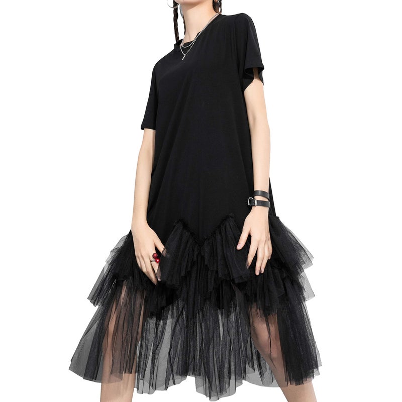 ellazhu Women's Casual Short Sleeve Crew Neck Tutu Tulle Dress with an Oversized Fit GY2266 Black - Image 1
